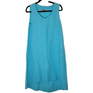 Flax 100% Linen Sleeveless Hi-Low V-neck A-line Midi Dress Turquoise Sz P US 4-6